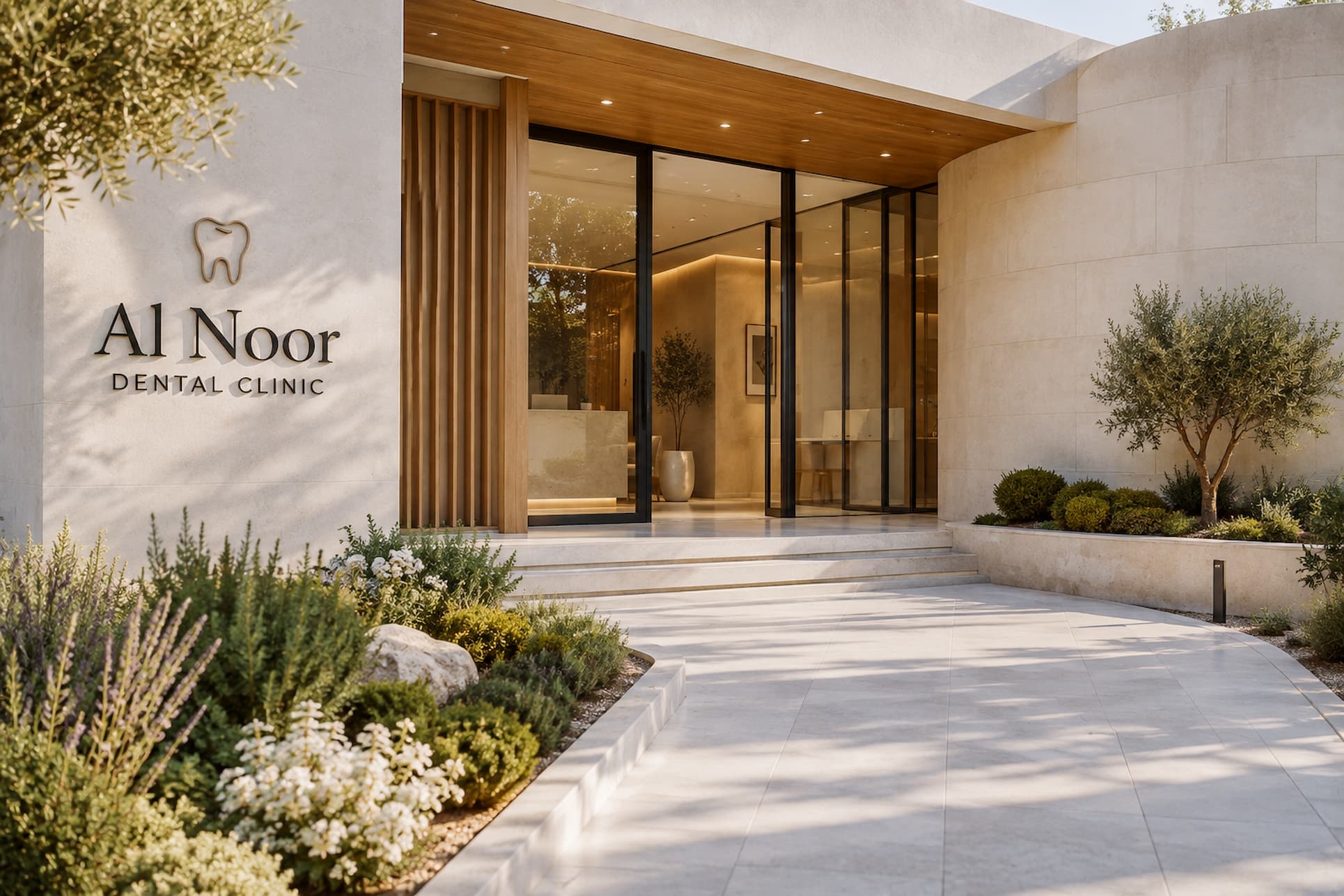 Entrance of a modern dental clinic in warm morning light