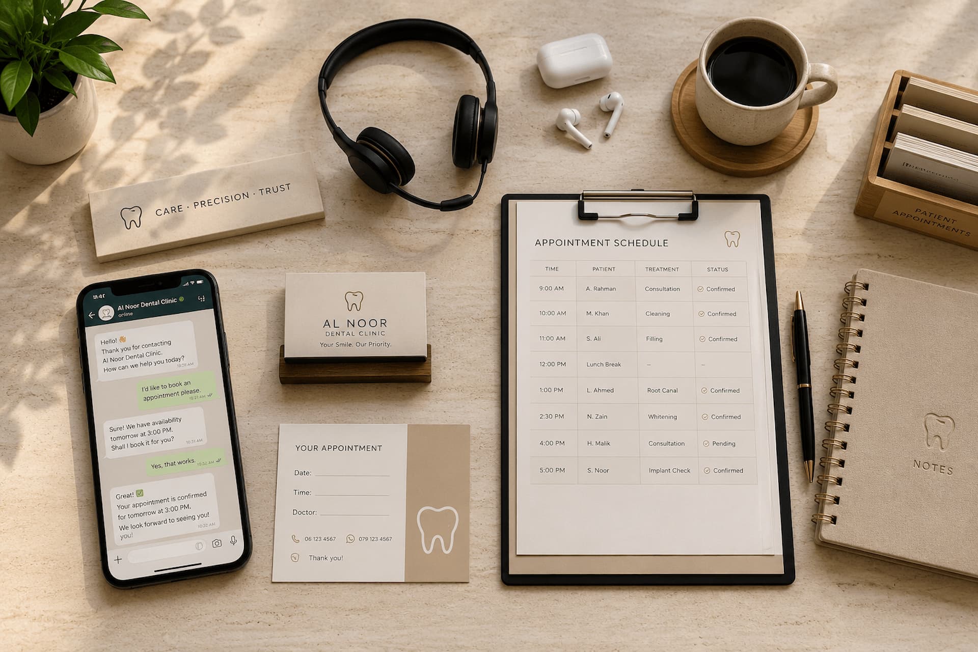 Dental clinic desk with appointment schedule, business cards and patient messages